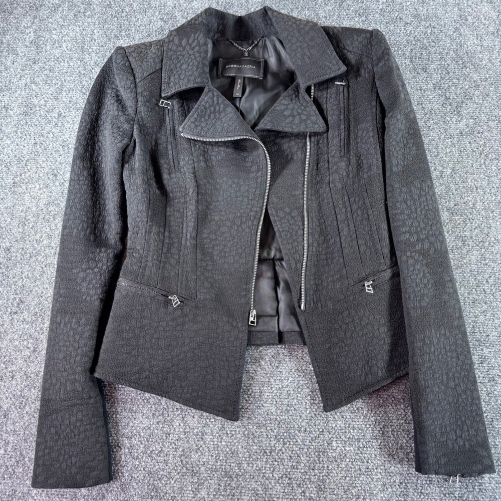 BCBGMAXAZRIA Moto Jacket Womens XS Black Textured Jacquard Asymmetric Zip Peplum